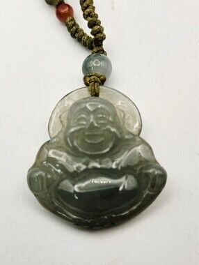 Carved Jadeite Laughing Buddha Pendant Necklace Green Beaded Cord